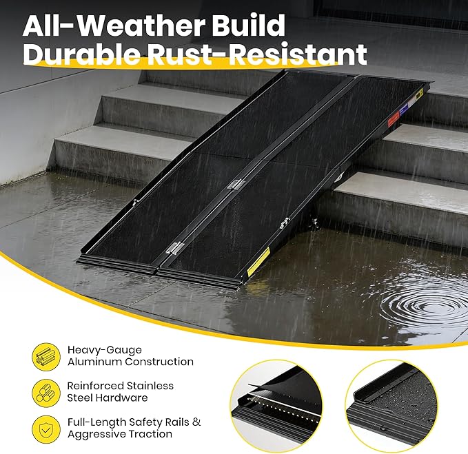 7 Feet Portable Wheelchair Ramp with Sopport Legsk, Black Seamless Non-Slip Aluminum Folding Handicap Ramp,Threshold Ramp for Doorways, Wheel Chair Ramp for Home Steps