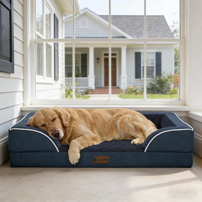 Orthopedic Dog Beds for Large Sized Dogs, Waterproof Memory Foam Large Pet Bed with Sides 35x22Inch, Non-Slip and Egg-Crate Foam Big Dog Couch Bed with Removable Washable Cover, Navy Blue