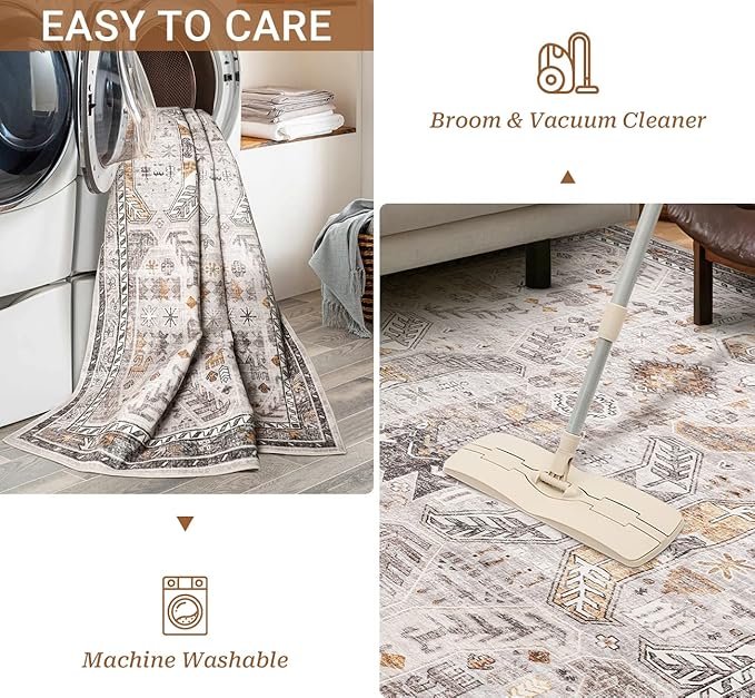 9x12 Area Rug,Ultra-Thin Washable Rugs for Living Room,Non-Slip Lightweight Foldable Area Rug,Stain Resistant Vintage Large Rugs(Brown/Gold, 9'x12')