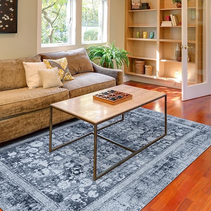 Area Rug 5횞7, Vintage Boho Rug,Ultra-Soft Low Pile, Washable, Non Slip,Stain Resistant Printed Carpet for Living Room Bedrooms Playroom Office Kitchen, Stone/Blue