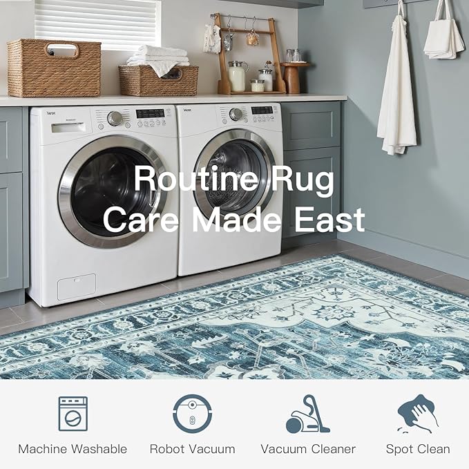 Lofus 5x7 Washable Area Rug, Vintage Floral Rugs for Living Room, Bedroom, Dinning Room, Low Pile Large Area Rugs with Non-Slip Backing, Sunflower Print Pattern, Neutral Blue