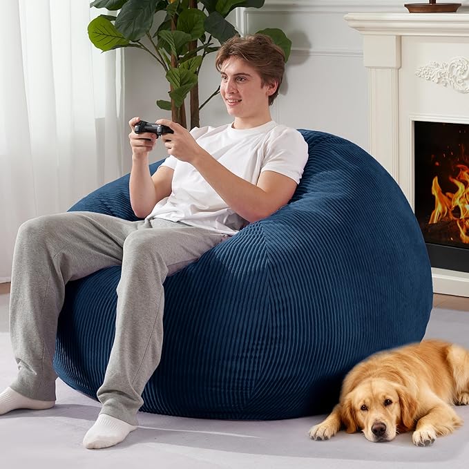 Homguava 5FT Bean Bag Chair for Adults,Teardrop Giant Bean Bags Big Beanbag Chair with Memory Foam Filled and Ultra Soft Removable Corduroy Cover for Living Room, Bedroom(Dark Blue)