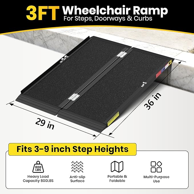 3FT Portable Wheelchair Ramp with Quick-Lock, Black Seamless Non-Slip Aluminum Folding Handicap Ramp,Threshold Ramp for Doorways, Wheel Chair Ramp for Home Steps, Loading Dock Plates