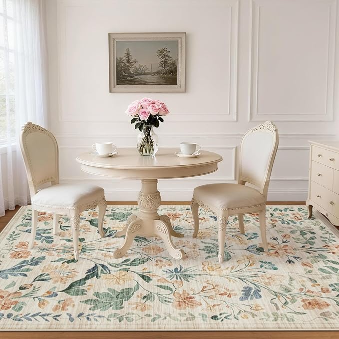 6x9 Area Rugs Washable Rug: Lagre Boho Living Room Rug Soft Non-Slip Thin Carpet Indoor Floor Non-Shedding Neutral Floral Carpets for Bedroom Dining Room Farmhouse Nursery Beige