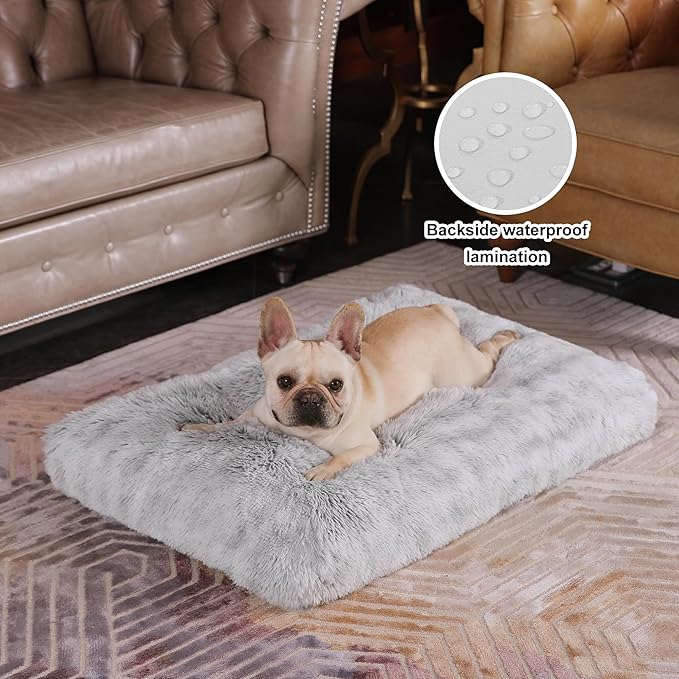 Bedfolks Plush Waterproof Dog Crate Bed, Removable Washable Cover, Faux Fur Kennel Pad, 29"x21", Grey