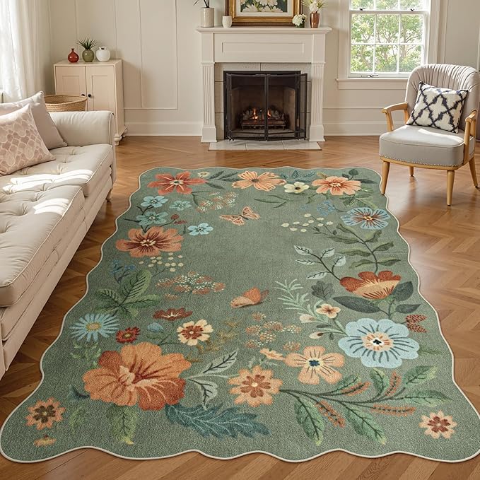 Lahome Floral Living Room Rugs, Area Rugs 5x7 Rug for Bedroom Ultra-Thin Soft Rug, Non-Slip Washable Rugs Stain Resistant Boho Low-Pile Throw Carpet for ‎Dining Room Office (5x7ft,Green)
