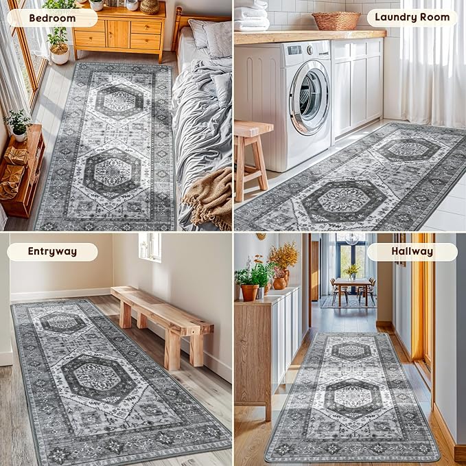 LBRO2M Boho Runner Rug 2X6 Hallway Rug Non Slip Washable Runners for Hallways, Bedroom, Kitchen Laundry Room Pet Friendly Area Rugs (2X6, Deep Gray)