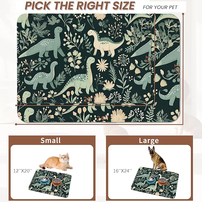 Cute Dinosaur Dog Cat Food Mat,Forest Absorbent Pet Feeding Mat with Rubber Backing,Non-Slip Water Bowl Placemat,Indoor Pet Accessories Supplies 12"x20"