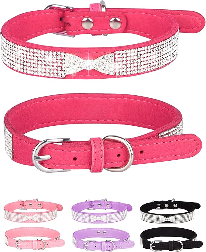 Bling Dog Collar for Small Medium Large Dogs, Crown Rhinestone Dog Collars for Girl and boy Dog, Diamond Puppy Collars, Adjustable Leather Suede SOFE Cat Collar (XS(8.2"-10.6"/21CM-27CM), Rose Red2)
