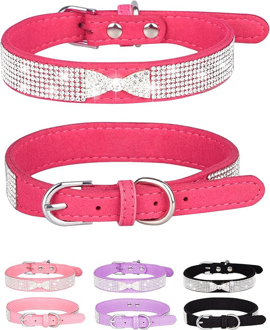 Bling Dog Collar for Small Medium Large Dogs, Crown Rhinestone Dog Collars for Girl and boy Dog, Diamond Puppy Collars, Adjustable Leather Suede SOFE Cat Collar (XS(8.2"-10.6"/21CM-27CM), Rose Red2)