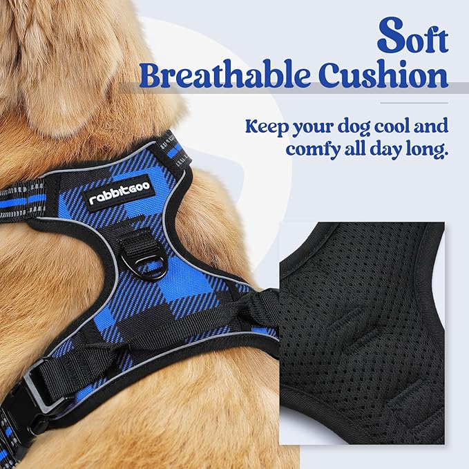 rabbitgoo Dog Harness No Pull with 2 Leash Clips, Adjustable Soft Padded, Reflective Oxford No Choke Pet Vest with Easy Control Handle for Medium Sized Dogs, Blue Plaid, M