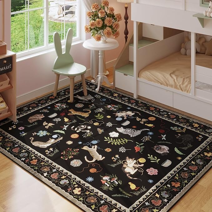 Rugcomf Area Rug 4x6 Rug Washable Boho Rugs Non Slip Low Pile Floral Animal Cat Small Carpet for Bedroom Bedside Kids Room Office Dining Room, Black