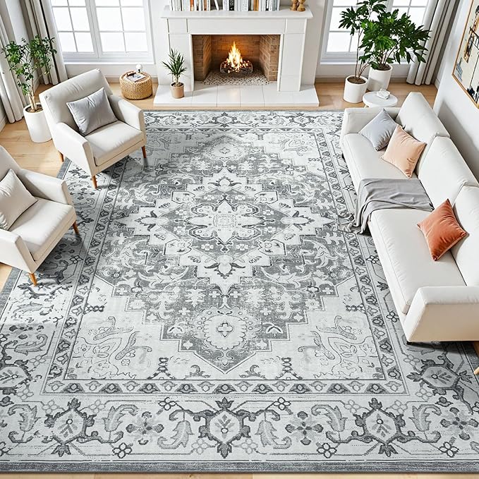 Lessymo 8 x 10 Area Rugs for Living Room- Machine Washable Area Rugs Boho Faux Wool Low Pile Area Rug for Bedroom, Floral Medallion Vintage Rugs with Non-Slip Rubber, Kid & Pet Friendly, Grey White