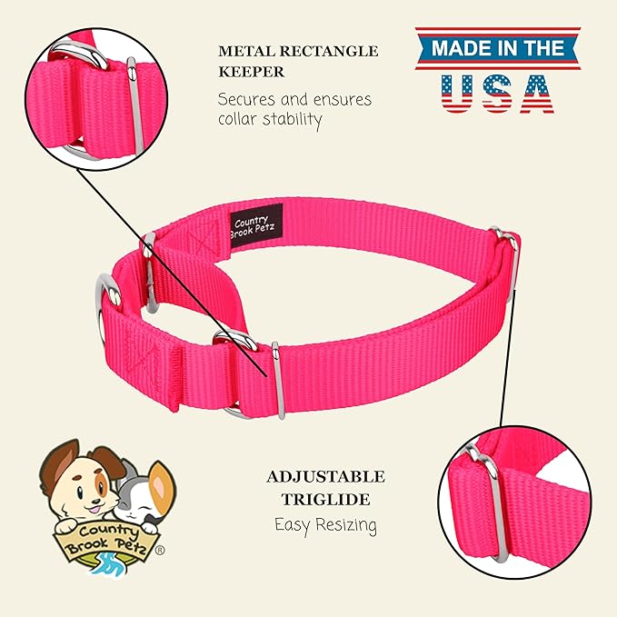 Country Brook Petz - Martingale Dog Collar - Heavy-Duty Training Collar with No Buckle - Service Dog Collar for All Pups - 10+ Warm Colors (Hot Pink, 5/8 Inch, Extra Small)