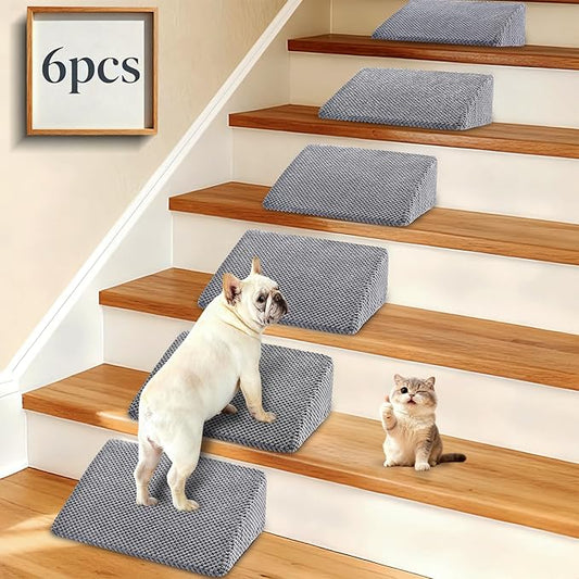 Dog Ramp for Stairs for Small & Senior Dogs and Cats – Non-Slip Stair Wedges for Dogs with Gentle Slope, Pet Ramp with Washable Cover & Self-Sticky Pads for Safe Climbing (Gray, 6 Pack)