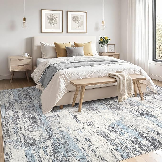 Area Rugs for Living Room: 5x7 Abstract Washable Rug Modern Neutral Large Soft Stain Resistant Non-Slip Backing Machine Table for Bedroom Dining Room Indoor Home Office Carpet - Blue Grey