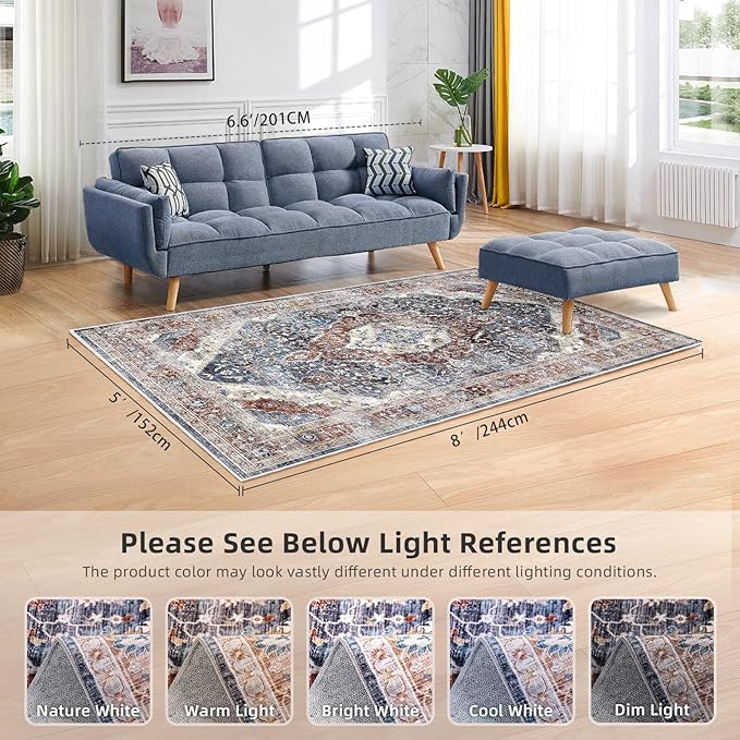 Deerly Boho Area Rug Large Rugs for Bedroom Machine Washable Rugs for Living Room Moroccan Non-Slip Oriental Area Rugs Carpet Floor Rug(Border Brown/Navy Blue 5x8ft)