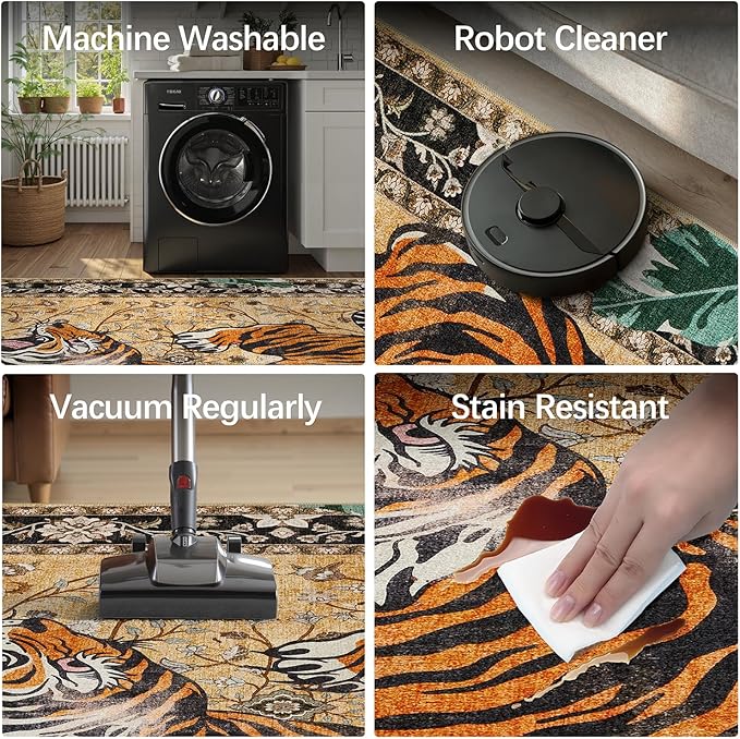 DCX Washable 4x6 Tiger Rug, Brown Vintage Animal Rug for Living Room, Soft Low Pile Carpet, Kid & Pet Friendly with Rubber Back Non Slip, Stain Resistant Rug for Bedroom Dining Room Office