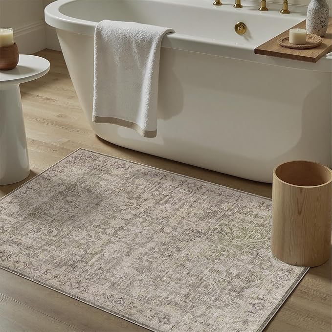 DCX Washable 2x3, Kid & Pet Friendly with Rubber Back Non Slip, Stain Resistant Vintage Entryway Rug for Living Room, Bedroom, Home Office, Soft Low Pile Farmhouse Distressed Carpet, Greige