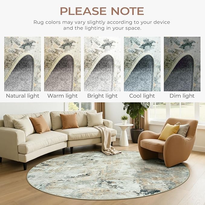 Abstract Round Rugs 8ft, Non-Slip Washable Circle Rug for Living Room, Stain Resistant Neutral Indoor Soft Floor Carpet for Bedroom Nursery, Brown/Grey