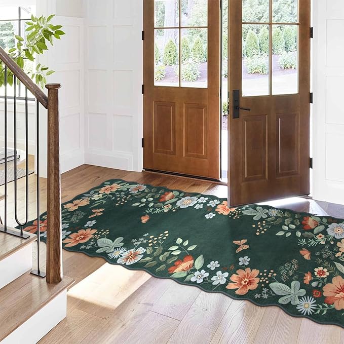Lahome Floral Hallway Runner, 2X6 Washable Runner Rug Non-Slip, Ultra-Thin Soft Stain Resistant Boho Low-Pile Carpet for ‎Kitchen Laundry Bathroom Bedroom, Dark Green