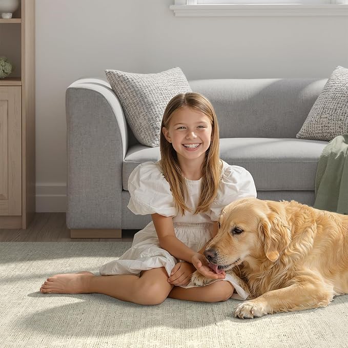 DCX 5x7 Beige Rug, Kid & Pet Friendly with Rubber Back Non Slip, Machine Washable Stain Resistant Neutral Floral Rug for Living Room, Bedroom, Home Office, Soft Low Pile Large Nursery Carpet