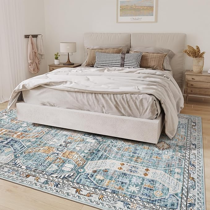 Washable Rug 8x10 Area Rugs for Living Room - Stain Resistant Non-Slip Backing Rugs for Bedroom - Vintage Large Area Rug (Blue/Gold, 8'x10')