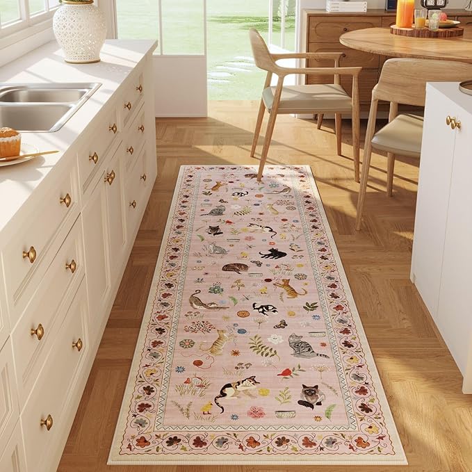 Rugcomf Runner Rug for Kitchen Non Slip 2'x6' Washable Rugs with Rubber Backing Soft Floral Animal Cat Carpet Runner for Kitchen Laundry Bedroom Bathroom, Pink