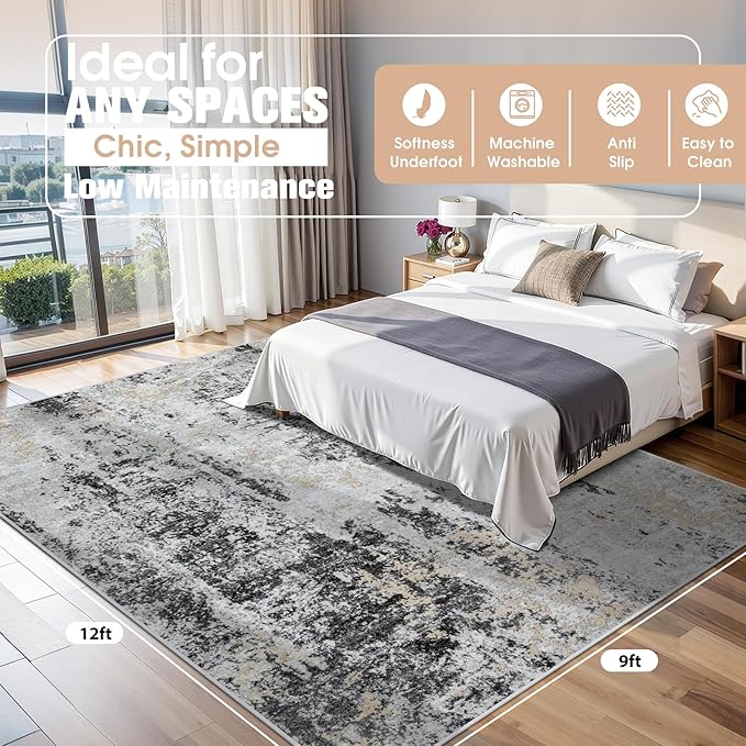 9x12 Area Rugs for Living Room Rug Washable: Abstract Large Rug for Dining Room Bedroom Carpet Non Slip 9 by 12 Indoor Modern Nursery Home Office Black Grey Gold