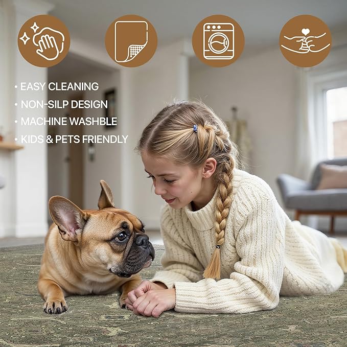 6x9 Area Rug Machine Washable Boho Rug for Living Room,Ultra-Thin Low Pile Carpet,Lightweight Indoor Printed Rug,Non Slip Floral Area Rug for Bedroom, Dining Room, Home Office,Muted Green