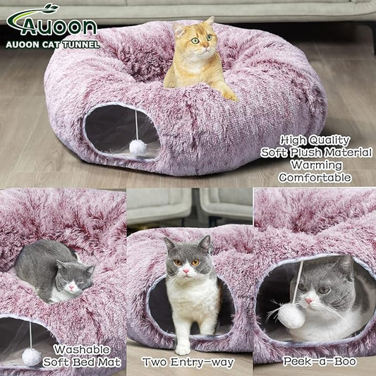 AUOON Cat Tunnel Bed for Indoor Cats - Large Cat Donut Tunnel with Hanging Ball Toy, Collapsible 2-in-1 Multifunctional Interactive Cat Toy for Kitten, Puppy, Rabbit, Ferret (Rosiness)