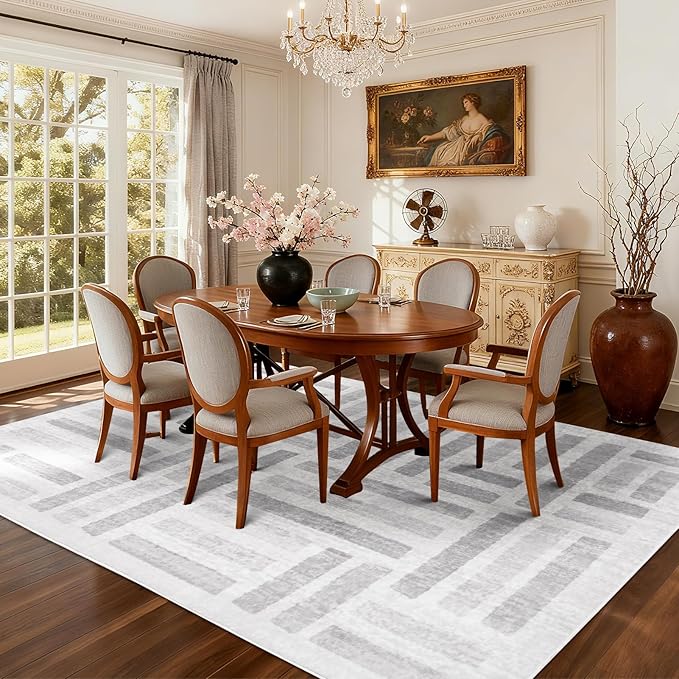 Washable Area Rugs,8x10ft Soft Rug for Living Room and Bedroom Vintage Striped Rug Stain Resistant with Non Slip Backing Geometric Checkered Foldable Print Mat for Home Decor