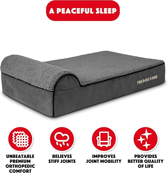 The Dog’s Bed Orthopedic Memory Foam Dog Bed with Headrest, Plush Fabric, Grey Plush, L, 6-Inch