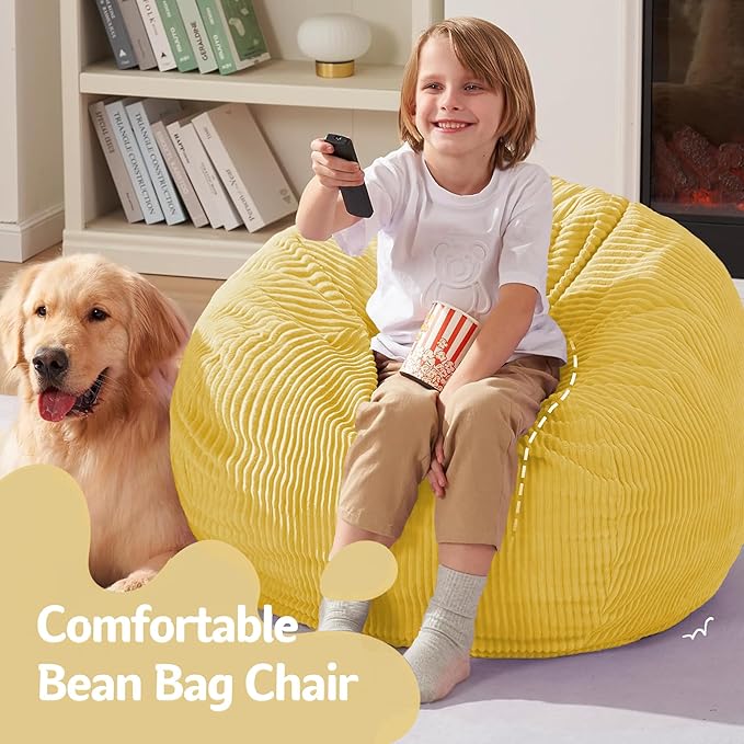 Homguava 2.5FT Bean Bag Chair,Teardrop Bean Bags Small Beanbag Chair with Memory Foam Filled and Ultra Soft Corduroy Cover for Living Room, Bedroom (Yellow)