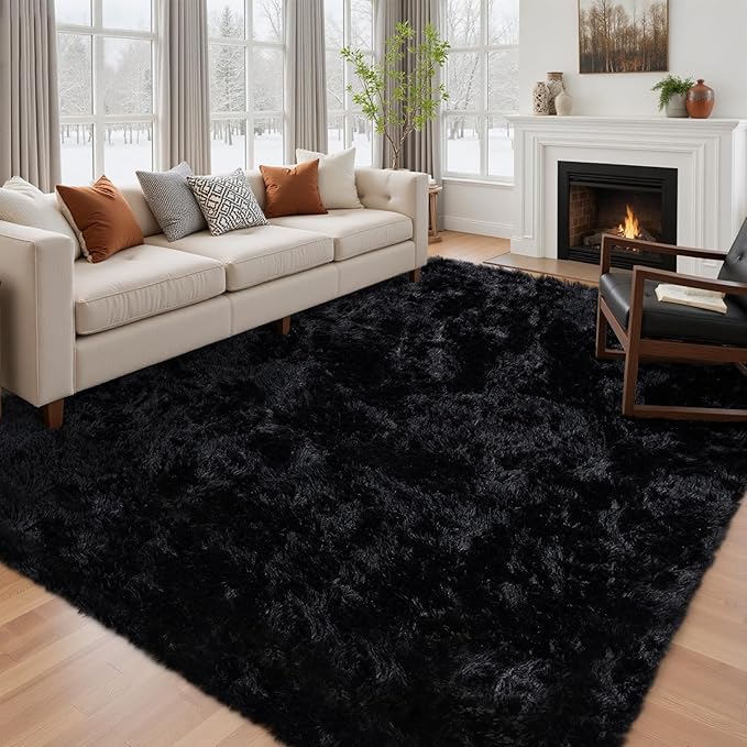 5x7 Area Rug for Living Room: Ultra Soft Fluffy Rug Modern Large Thicked Shag Rug for Bedroom Non Slip Indoor Fuzzy Carpets for Girls Kids Room Nursery Dorm Home Decor Black