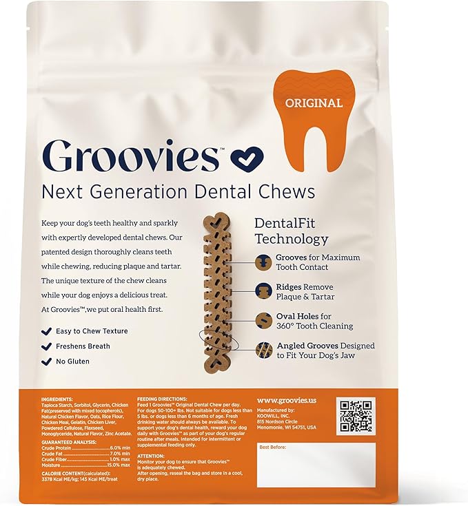 Groovies Flexible, Yet Moderately Tough Daily Dog Dental Chews. Powered by USA-Patented DentalFit Technology. No Added Gluten, No Artificial Flavors or Colors. Original 27oz XLarge (18Chews)