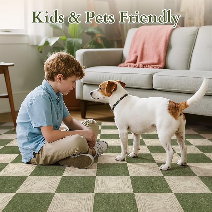 Washable Green Checkered Rug 5x7, Non-Slip Low Pile Area Rug for Living Room, Bedroom, Nursery, Modern Neutral Farmhouse Checkerboard Carpet, Pet & Kid Friendly