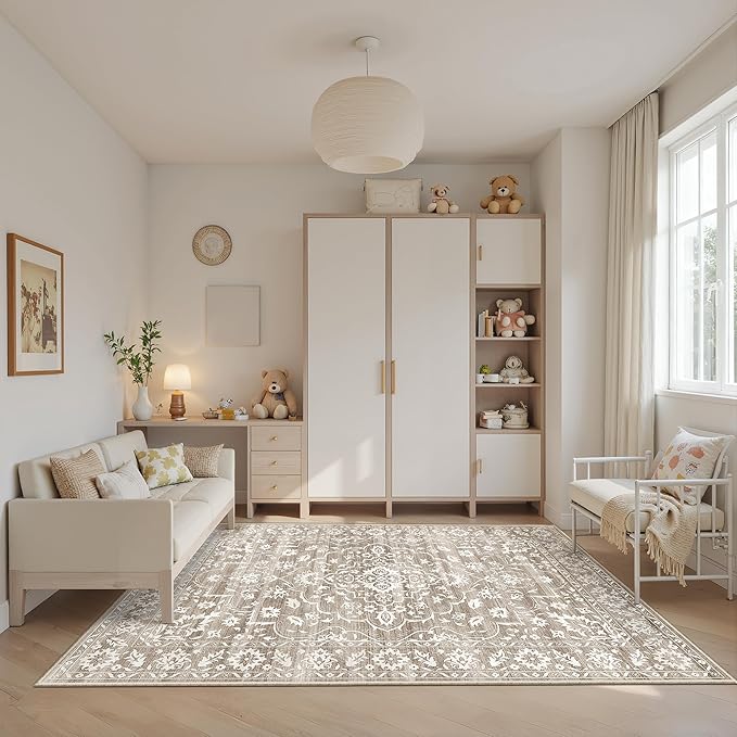6x9 Area Rugs for Living Room, Stain Resistant Neutral Washable Rugs for Bedroom, Floral Vintage Non-Slip Soft Throw Carpet for Dining Room Farmhouse (Light Brown, 6'x9')