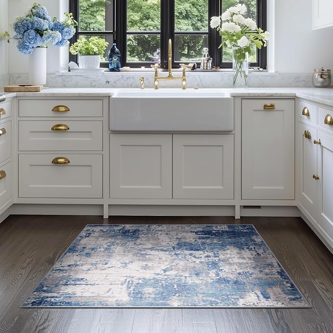 Washable Area Rugs 2'x3' Non-Slip Modern Abstract Soft for Living Room Entryway Bedroom Nursery, Print Pattern, Blue Grey Navy Gray