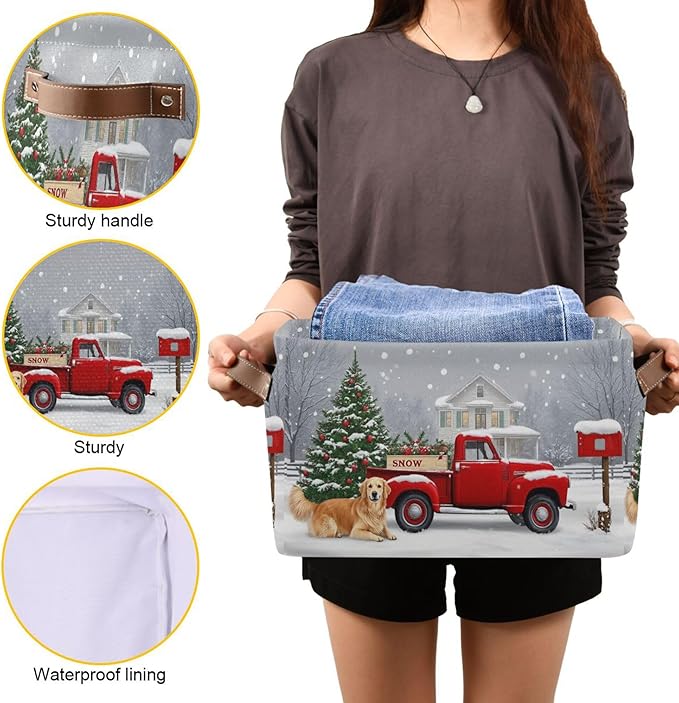 Christmas Tree Red Truck Storage Basket Fabric Laundry Baskets Winter Snowman Snowflake Golden Retriever Dog Storage Boxes Organizer Bag for Cloth Toy Book Storage Cubes Shelf Closet Bins 16×12×8