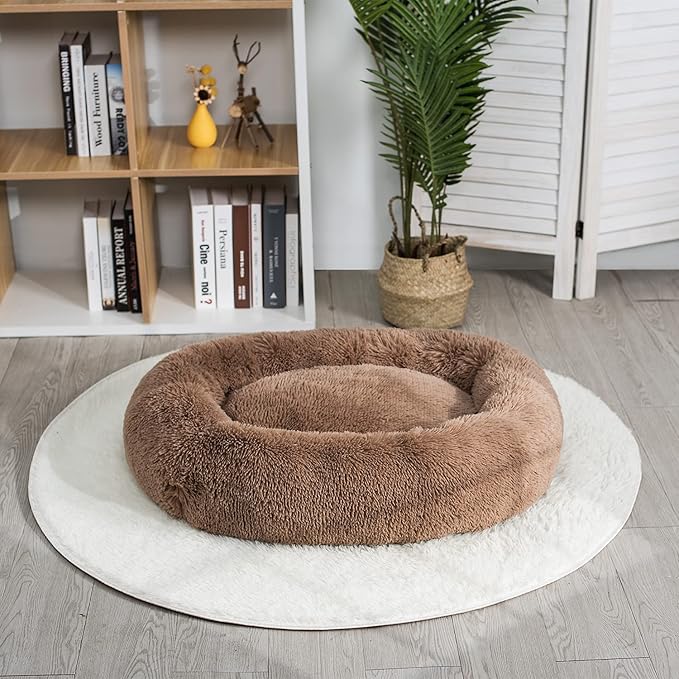 Coohom Oval Calming Donut Cuddler Dog Bed,Shag Faux Fur Cat Bed Washable Round Pillow Pet Bed(30"/36"/43'') for Small Medium Dogs (XL(36"x27"x7"), Camel)