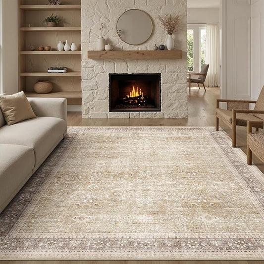 DCX Beige and Taupe 8x10 Rug, Kid & Pet Friendly with Rubber Back Non Slip, Machine Washable Stain Resistant Vintage Traditional Distressed Carpet, Rug for Living Room, Bedroom, Neutral Home Decor
