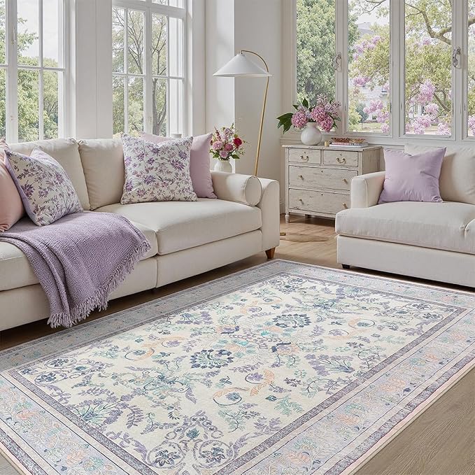 DCX Floral Area Rugs 9x12 Living Room, Soft Anti-Skid Machine Washable Purple Area Rugs Stain Resistant Neutral Boho Carpet for Bedroom Large Low Pile Lightweight Room Rug