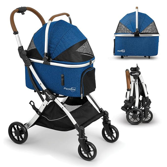 Luxury Pet Stroller with Detachable Carrier | Lightweight Design with Easy One-Hand Fold & Spacious Storage Basket | Safe & Comfortable Travel for a Small to Medium Dog or Cat, Blue