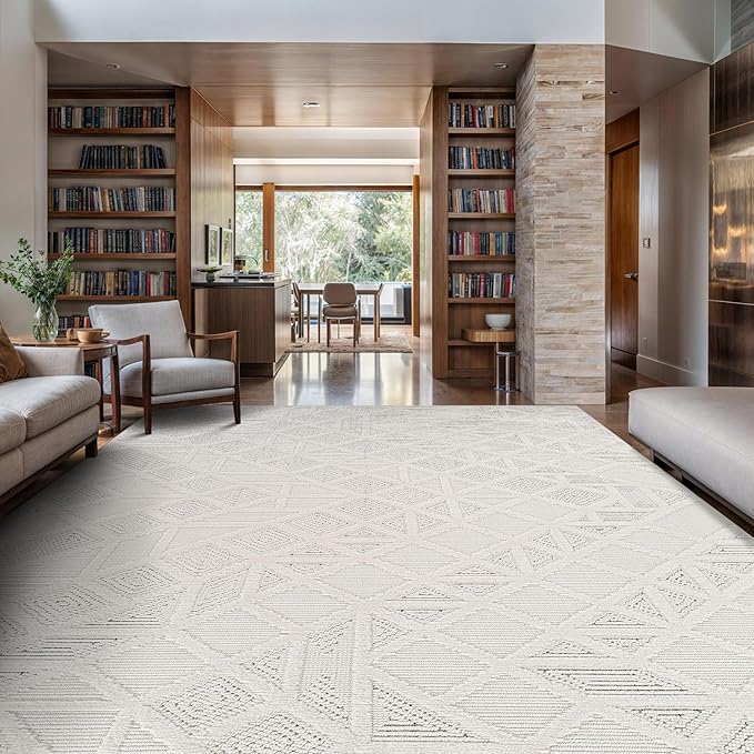Modern Micro Loop Indoor Area Rugs for Living Room Bedroom Kitchen Geometric Square White 5x7 Luxury Durable Low and High Pile Non-Shedding Stain Resistant Soft Area Carpet 5 x 7