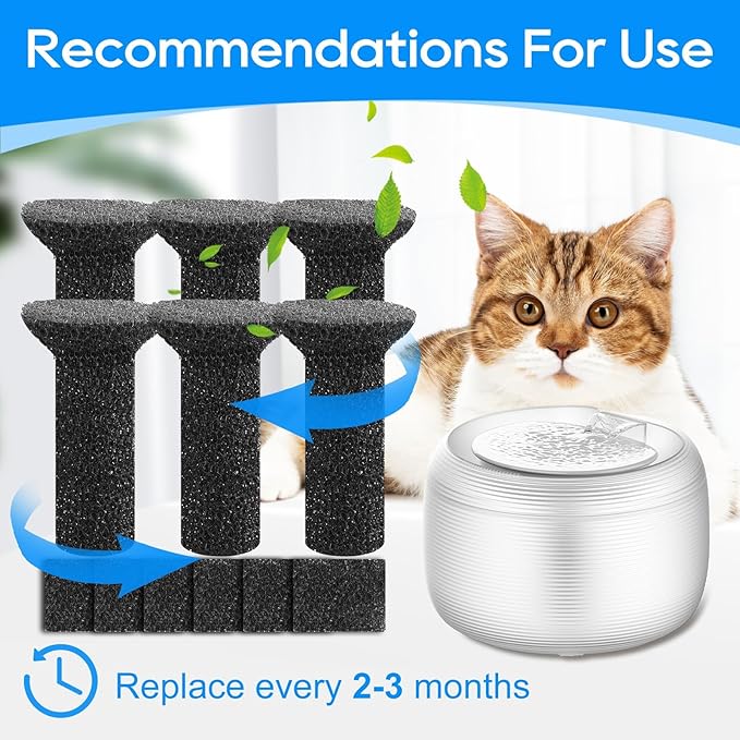 Lite Fountain Replacement Foam Filters and Sponge Mufflers - 6 Sets (Compatible with Lite 2.5L/84oz Cat Water Fountain)