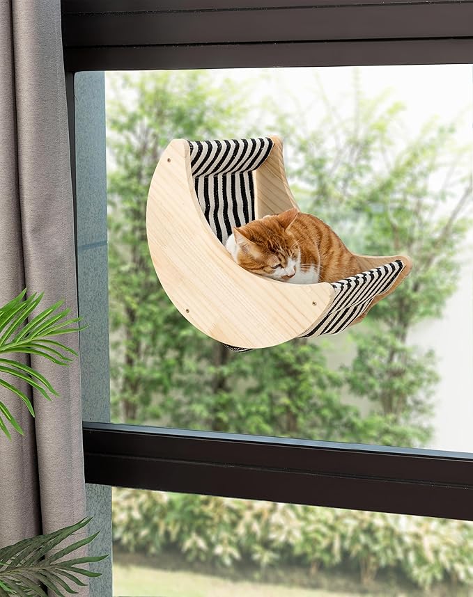 Window Cat Beds for Indoor Cats Perches Moon Shelves Mounted with Strong Suction Cups Cat Window Seat for Sleep and Watch Birds(Stripe)