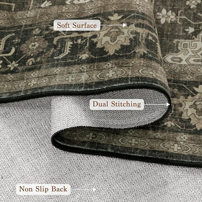 LBRO2M Distressed Washable Rugs 9X12 Area Rug for Living Room for Bedroom Dining Room Non Slip Farmhouse Rugs Easy Clean, Stain Resistant Carpet Great for Pets and Kids (9'X12' Dark Brown)