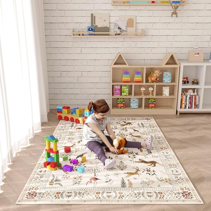 Rugcomf Bedroom Rug 3x5 Rug Washable Area Rug Non Slip Low Pile Boho Floral Animal Small Carpet for Bedroom, Bedside, Kitchen, Entryway, Kids Room, Office, College Dorm Essentials for Girls (Beige)