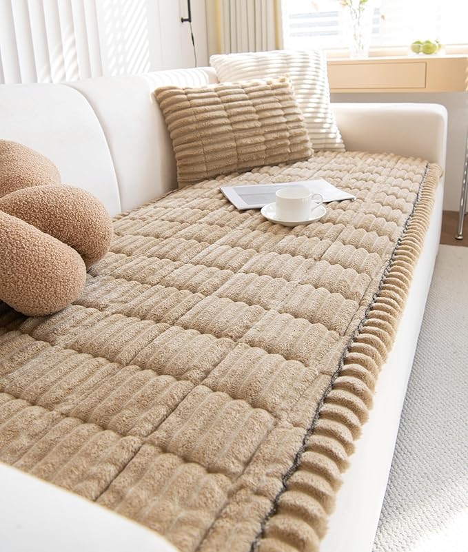 Faux Fur Plush Dog Couch Cover 3D Stripe Fuzzy Sofa Cover Non-Slip Fluffy Dog Bed Cover Pet Blanket Sofa Couch Furniture Protector for Puppy Large Dog Cat (Coffee,28"x35")